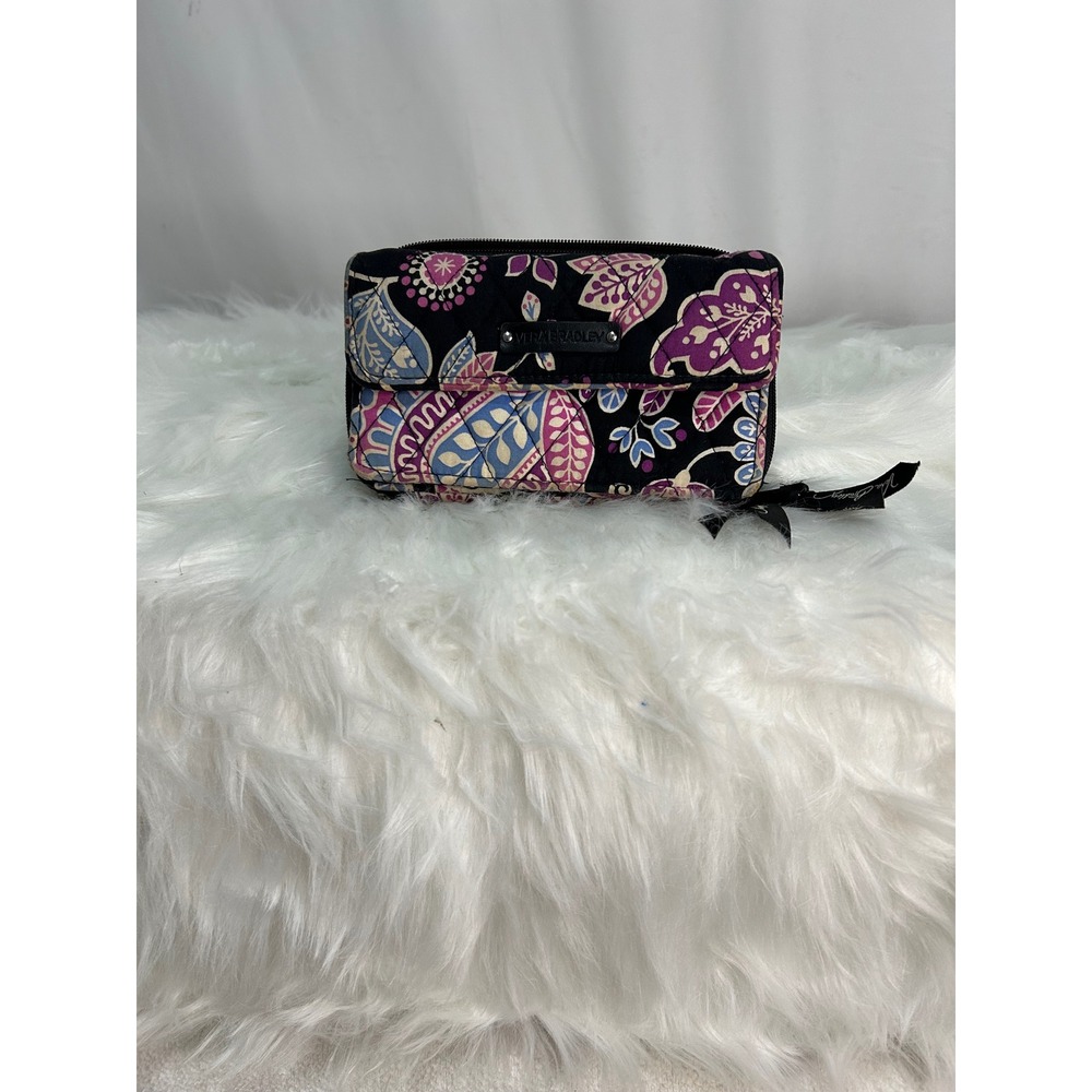 Vera Bradley Quilted Wallet Floral Black Purple Snap Flap Zip Around